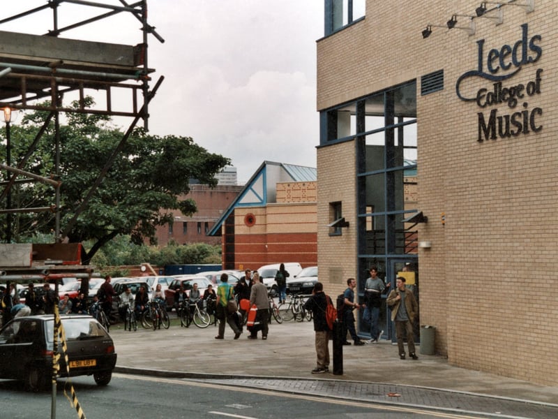 The entrance to the City of Leeds College of Music and St. Peters Square. Beyond the Square a portion of the West Yorkshire Playhouse is visible. Pictured in September 1999.