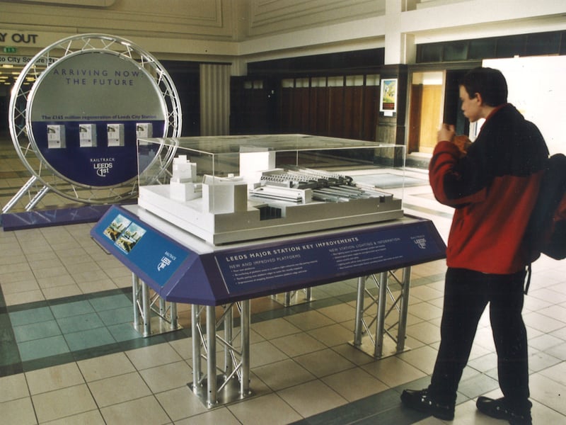 Plan and model of improvements and expansion to Leeds City Station. The whole station was expanded in 1999/2001 at a cost of £165 million by Railtrack. Exit leading to City Square can be seen. Pictured in September 1999.