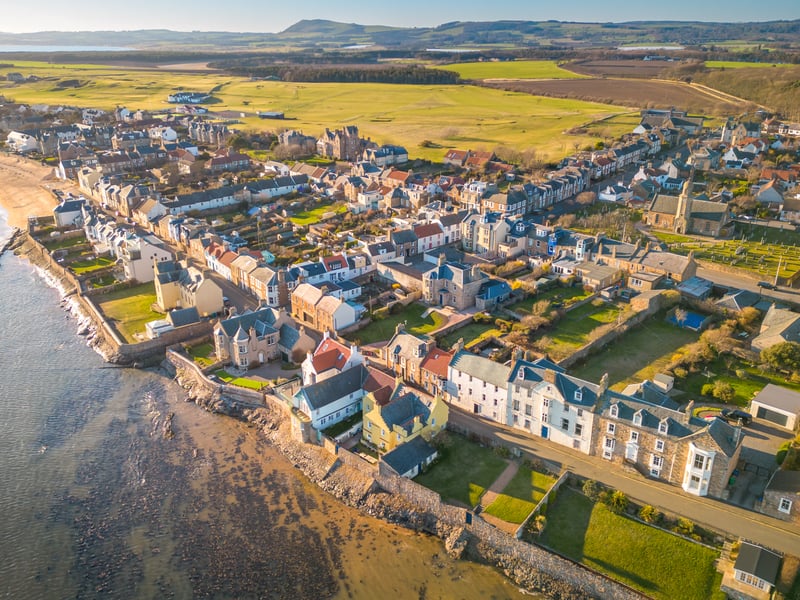 A bird's eye view of Elie, a popular seaside town in Scotland which sits on the Fife Coastal Path that takes all round the East Neuk.
