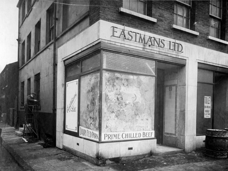 Vacant premises of Eastmans, Butchers on junction with Pitfield Street and Hunslet Road. Pictured in October 1931.