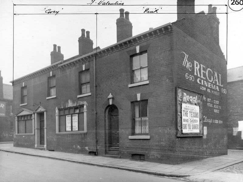 Number 28 Glasshouse Street and number 30 which may be the Blue Bell Inn. This is up for sale or let. On the gable end of this building is a painted advertisement for the Regal Cinema, Low Road, Hunslet showing The Texans with Randolf Scott and Sing You Sinners with Bing Crosby. Pictured in 1939.