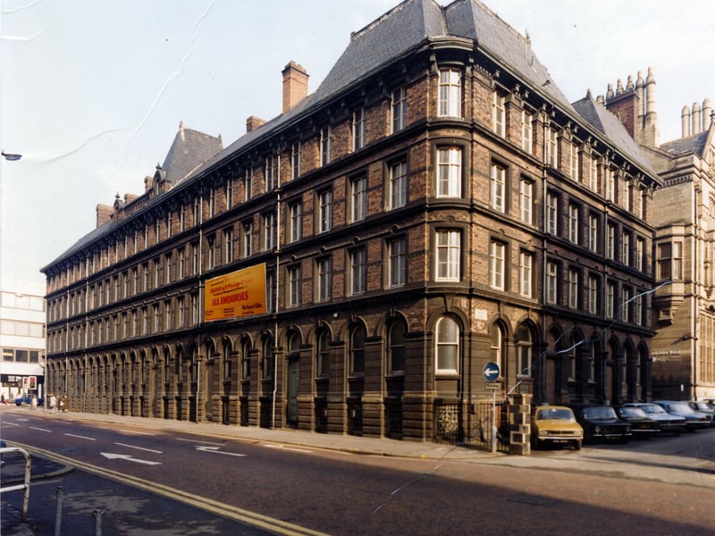 Quebec Street showing the junction with Toronto Street, right. Quebec Street opened in 1872 and was named in memory of General Wolfe who captured Quebec in Canada in 1759 but was killed in the Battle Plains of Abraham. The photograph dates from April 1979 when office space was being advertised with a large "All Enquiries" sign.