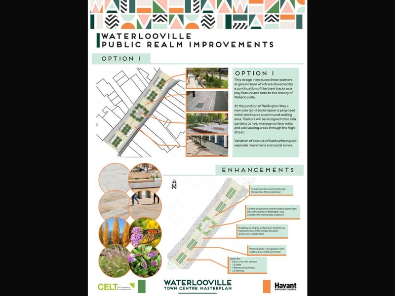 Option one has linear planters at ground level with a tram line running through the middle as a nod to the history of Waterlooville. Across from the entrance of Wellington Way in the town's centre there will be a communal courtyard social space.