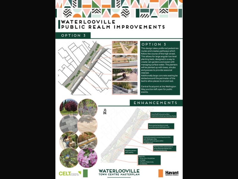 Option 3 has large concrete seating dotted around the perimeter of the high street. In the centre large planting beds will be used to create rain gardens and assist with managing surface water.