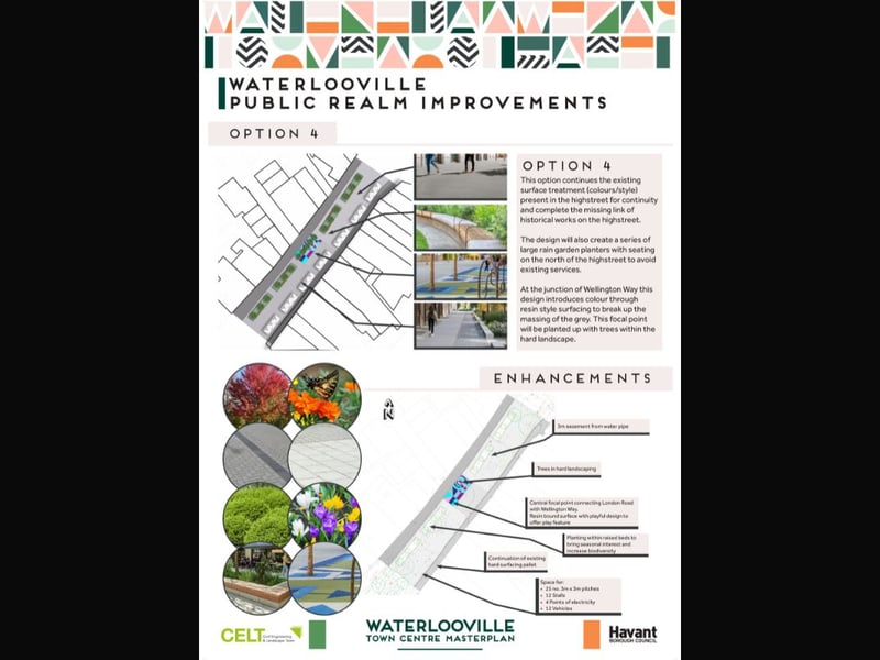Option four uses the existing colours and style of the high street but will complete the missing link of historical works.
There will be a number of large rain garden planters with seating on the north of the high street.