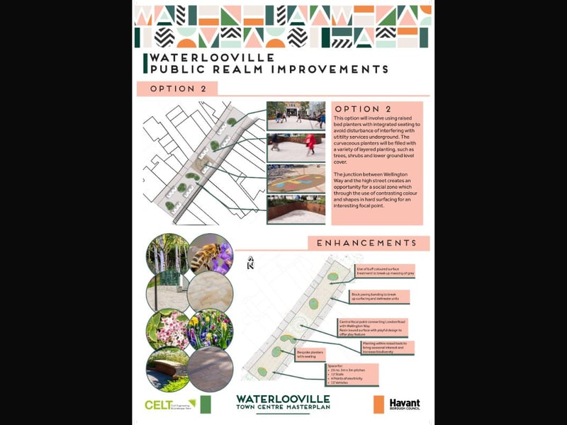 Option two has raised bed planters with integrated seating  littered through the centre. The planters will be filled with trees and shrubs.
Across from Wellington Way in the centre will be a social space.
