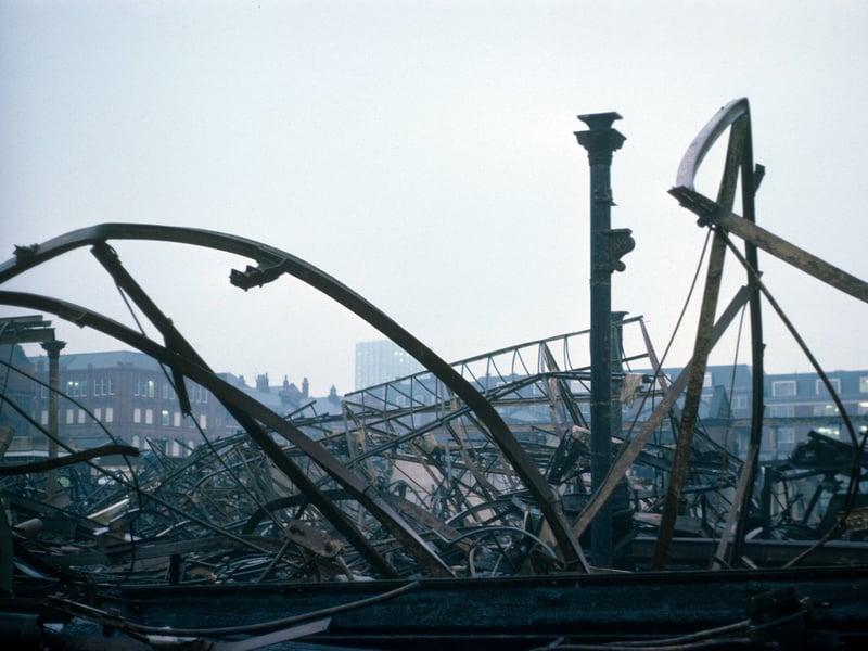The damaged remains of Kirkgate Market in January 1976 following a massive fire which spread through the building on December 13, 1975, destroying two thirds of it. Most of the 1857 section of the market was completely gutted but firefighters managed to save the 1904 frontage onto Vicar Lane and Butchers' Row. Work soon started to restore the rest of the building and by July 1976 a new replacement hall had been completed and opened.