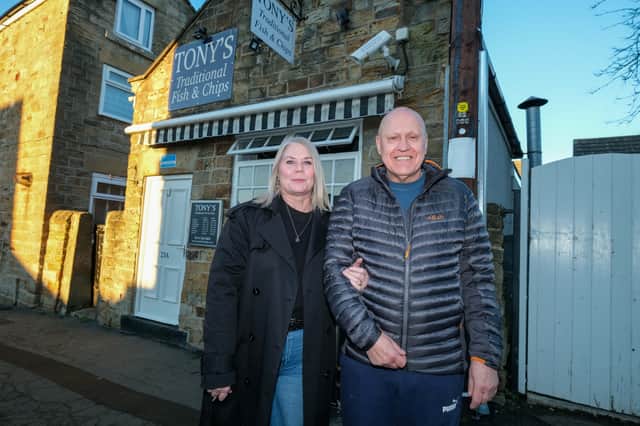 Helena and Robert Hatt outside Tony's Fish & Chips, in Mosborough, Sheffield.