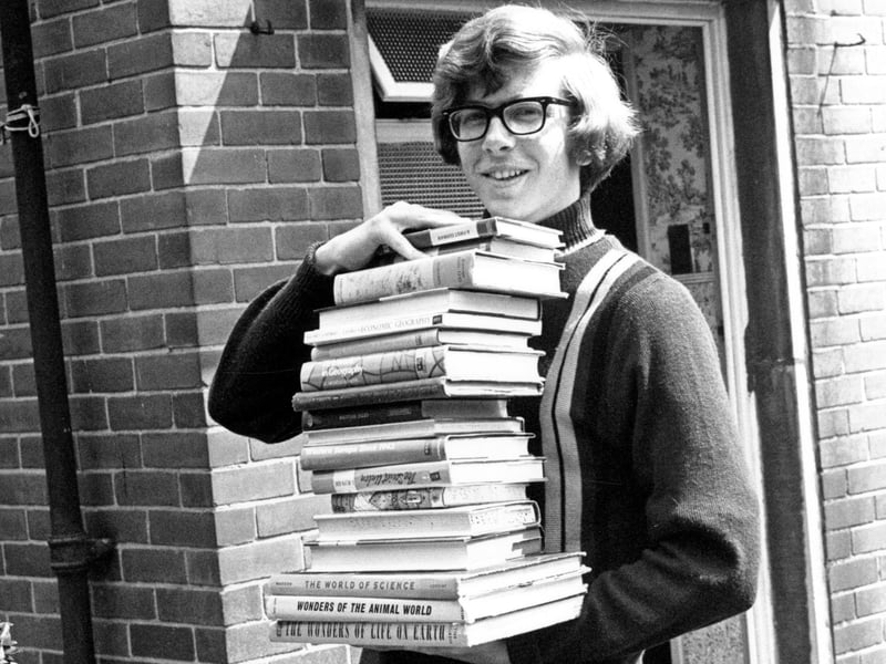 Librarian David Elstub pictured collecting collecting overdue books at Morley in August 1970.