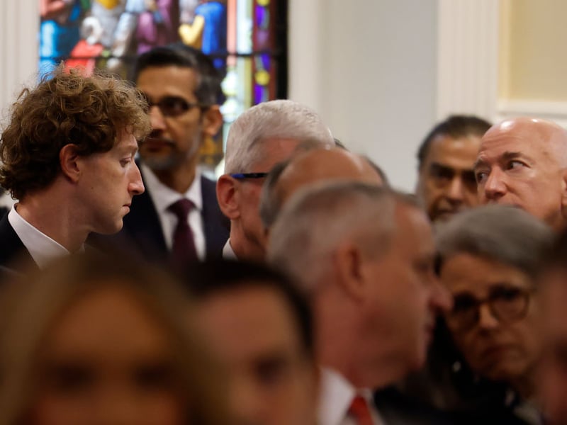Meta and Facebook CEO Mark Zuckerberg, CEO of Apple Tim Cook, and founder of Amazon and Blue Origin Jeff Bezos attend the inauguration service at St. John's Church.