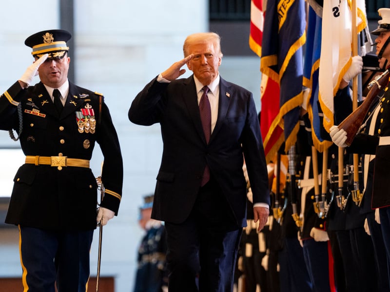 President Donald Trump reviews the troops in Emancipation Hall of the U.S. Capitol during his Inauguration ceremony.