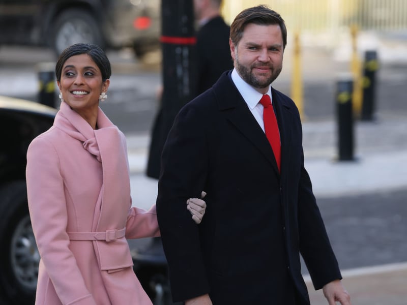 Usha Vance and Vice President J.D. Vance arrive for service at St. John's Church as part of the inauguration ceremonies.