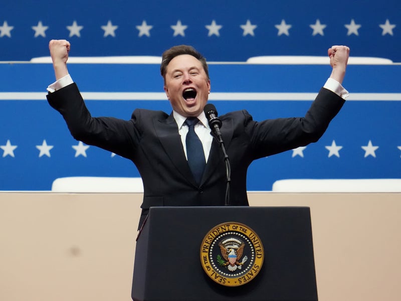Tesla, SpaceX and X CEO Elon Musk speaks at the inauguration event at the Capital One Arena.