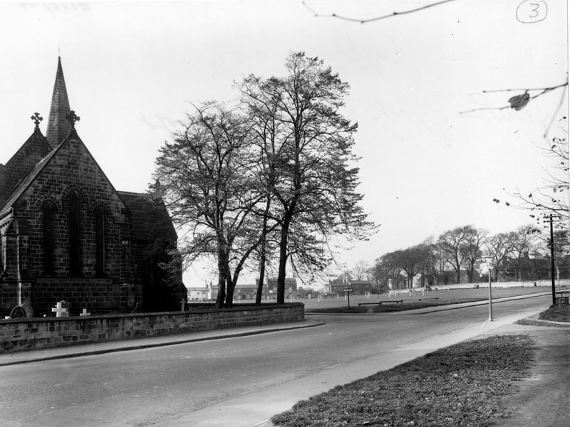 A view of St James's Church and The Green, looking North from York Road. The church and graveyard are on the left. Pictured in October 1954.