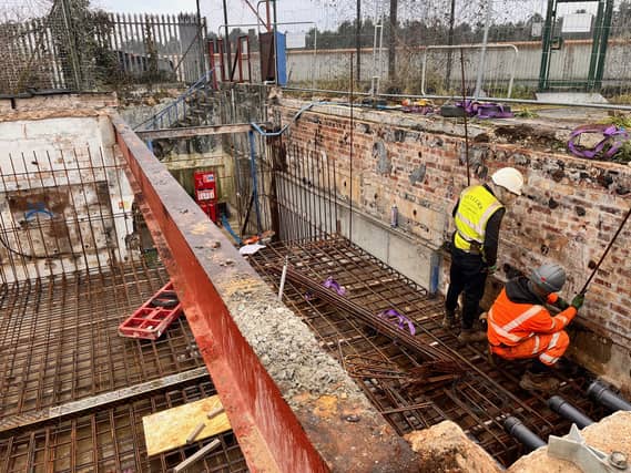 As you can see from this photo the steel work has now been put in place in the plant room for more concrete.
Once the steel work is complete, there will be a concrete pour on the floor, then the wall at the bottom of the photo, then the top, and finally the left and right.
