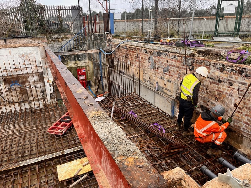 As you can see from this photo the steel work has now been put in place in the plant room for more concrete. 

Once the steel work is complete, there will be a concrete pour on the floor, then the wall at the bottom of the photo, then the top, and finally the left and right. 