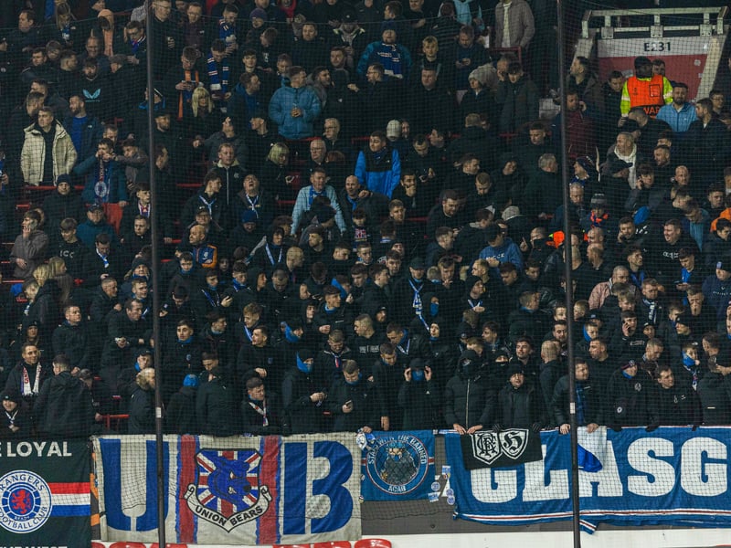 A general view of Rangers fans in the away end at Old Trafford.