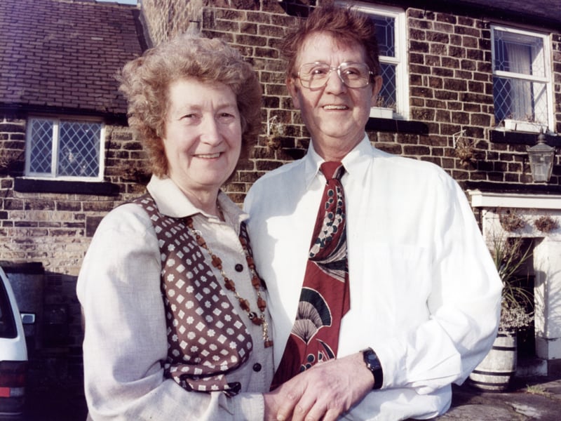 Landlord and landlady Beryl and John Nash pictured outside The Peacock pub, in Stannington, Sheffield, in January 1995. They were retiring after 37 years in the trade.
