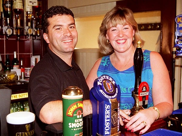 Landlord and landlady George and Alison Micalles at the Masons Arms, on Carson Road, Crookes, Sheffield, in September 1997