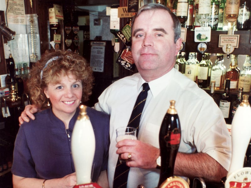 Licensees Mr and Mrs Pridmore in the tap room of The Wharncliffe Arms, Chapeltown, Sheffield, in March 1995