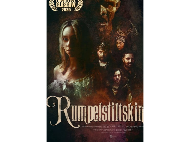 The third world premiere at Glasgow Frightfest at the 2025 Glasgow Film Festival is twisted fairytail Rumpelstiltskin, directed by Andy Edwards and starring Hannah Baxter-Eve, Adrian Bouchet, Jennifer Lim, and Joss Carter. "The classic fairy tale like you’ve never seen it before. When a king’s promise is broken, Rumpelstiltskin makes a deal with the devil. The scariest villain from our collective childhoods returns in this haunting tale — only this time, he’s darker, bloodier, and nastier. It screens at GFT1 on Saturday, March 8 at 10.45pm.
