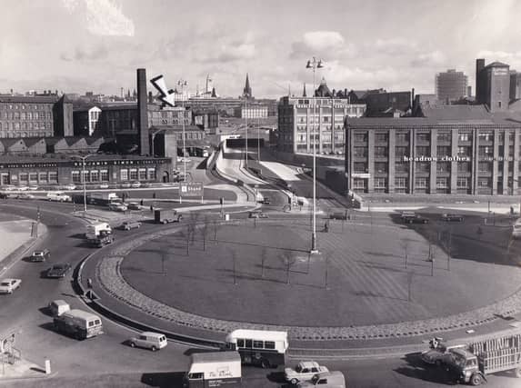 The extreme western end of the Inner Ring Road at Westgate roundabout in July 1971. The arrow hightlights the location of clothing merchants and manufacturers John Barran Ltd.
