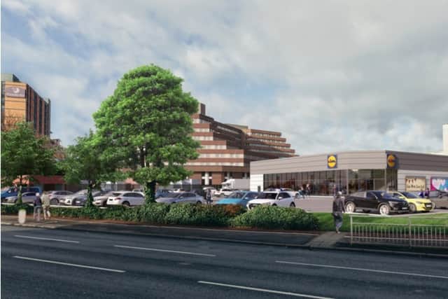 How the new Lidl supermarket on the corner of Eyre Street and St Mary's Gate, in Sheffield city centre, would have looked under plans which were withdrawn