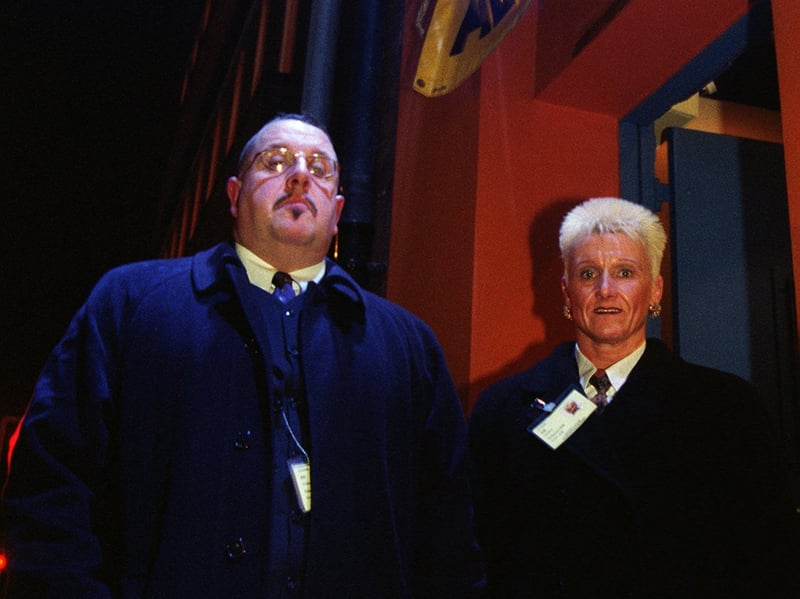 Bouncers Tony Simpson and Gail Boulton pictured outside the Orchid nightclub, on Carver Street, Sheffield, in 1999