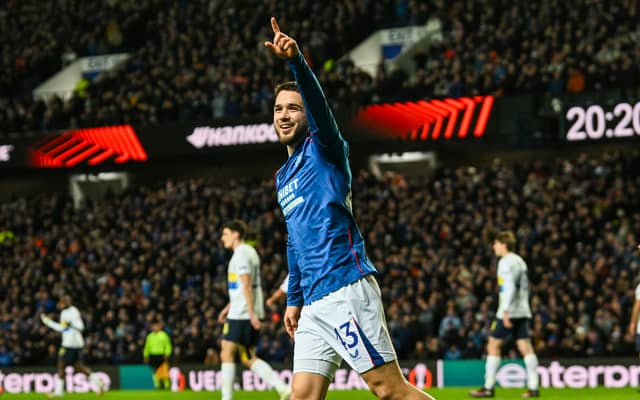 Nicolas Raskin celebrates his opening goal against Union Saint-Gilloise at Ibrox. Cr: SNS Group.