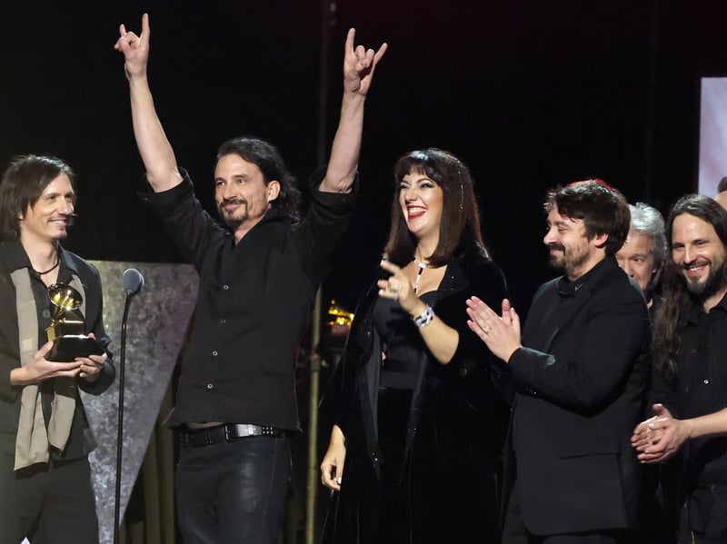 LOS ANGELES, CALIFORNIA - FEBRUARY 02: (FOR EDITORIAL USE ONLY) Gojira, Marina Viotti and Victor Le Masne accept the Best Metal Performance award for Mea Culpa (Ah! Ça ira!) onstage during the 67th GRAMMY Awards Premiere Ceremony at Peacock Theater on February 02, 2025 in Los Angeles, California. (Photo by Amy Sussman/Getty Images)Mario Duplantier, Joe Duplantier, Bob Clearmountain and Christian Andreu