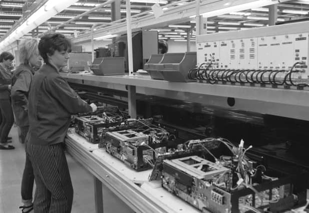 Assembling the chassis of video recorders at the Mitsubishi electronics factory in Livingston, May 1984.