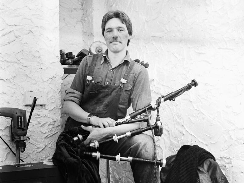 Traditional bagpipe-maker Bob Pinkman in his Edinburgh workshop, June 1984.