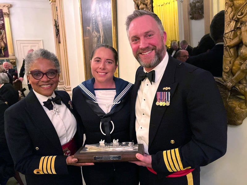 Lord Lt of Bristol Capt Peaches Golding with LMA Sara Young and  Capt Will Blackett. LMA Sara Young has been named as the flagship's sailor of the year.