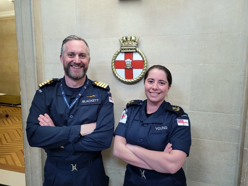 Capt Will Blackett and HMS Prince of Wales' Sailor of the Year LMA Sara Young in Bristol's Civic Offices
