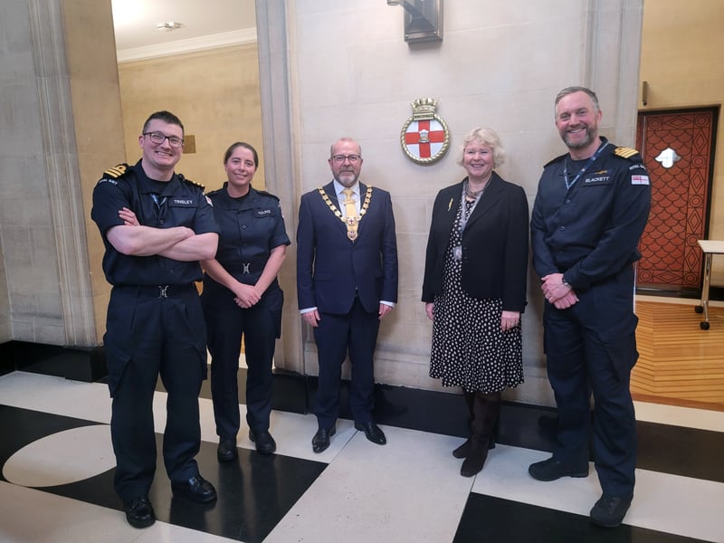 (l-r) Commander David Tinsley, Commander Weapons Engineering
Leading Medical Assistant Sara Young, HMS Prince of Wales' Sailor of the Year 
Lord Mayor of Bristol Cllr Andrew Varney
Bristol Council's Armed Forces Champion Cllr Jos Clark
Captain Will Blackett, Commanding Officer HMS Prince of Wales