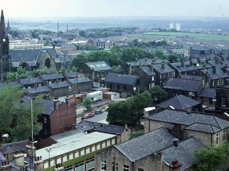 Little Lane and Zoar Street from Morley Town Hall Tower in June 1973.