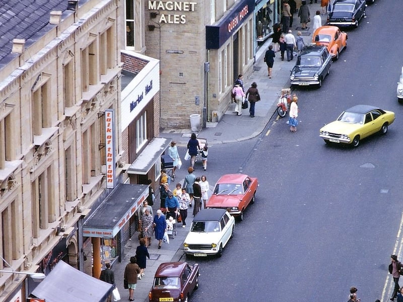 A small section of Queen Street taken from the Town Hall tower with a telephoto lens in June 1973. This was shortly after Morley Council had obtained grants for cleaning up some of the buildings in the main street, and both the Queen Hotel and the Exchange Buildings appear to have benefitted from these.