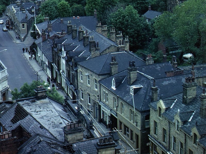 Queen Street looking down from the tower of Morley Town Hall. Towards the centre of the left edge, the junction with Troy Road is visible. The narrow access between the buildings towards the bottom right hand corner is called Little Lane.