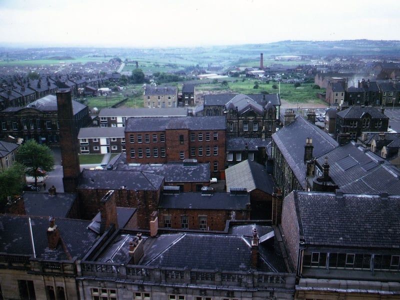 Looking over rooftops of buildings between Queen Street and Commercial Street, probably taken from the Town Hall tower. In the foreground are the tops of the National Westminster Bank, the Midland Bank and the 1899 Co-op Building which would later become Barclay's Bank. Pictured in June 1973.