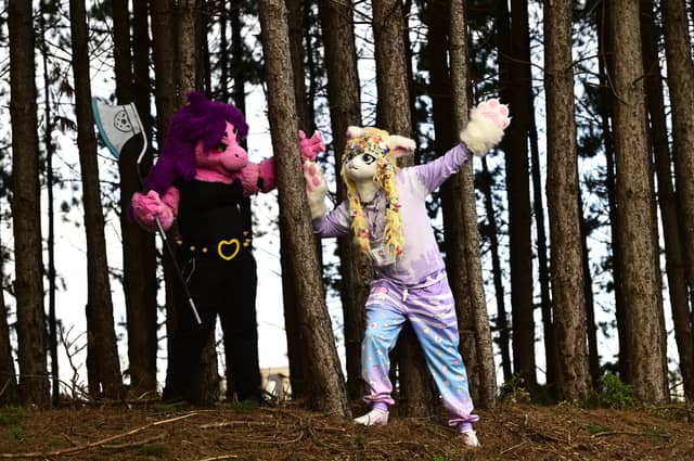 Furries pose in the trees near the convention centre.