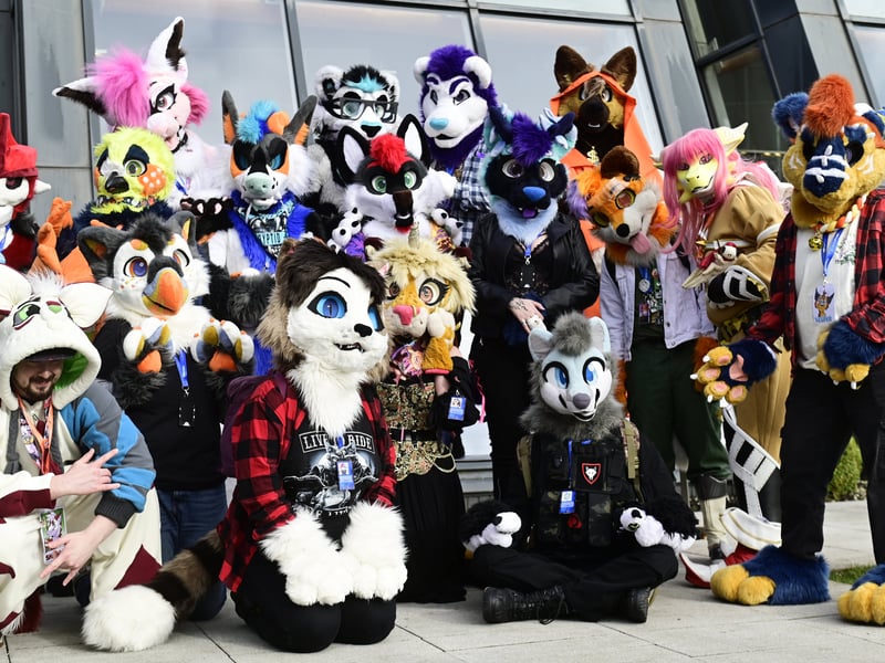 Furries gather outside the Crowne Plaza Hotel.