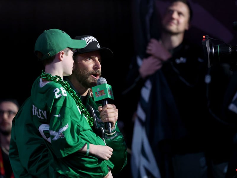 Hollywood A-lister Bradley Cooper brought the hype for the Eagles pre-game, introducing the team to the field alongside eight-year-old Eagles fan Declan LeBaron, whom he had surprised with tickets earlier. He shouted into the microphone, "From the city of brotherly love, your 2024 NFC Champions—The E-A-G-L-E-S!". Jon Hamm did similar for Kansas City Chiefs but was wildly booed by an audience seemingly filed with Philadelphia fans.