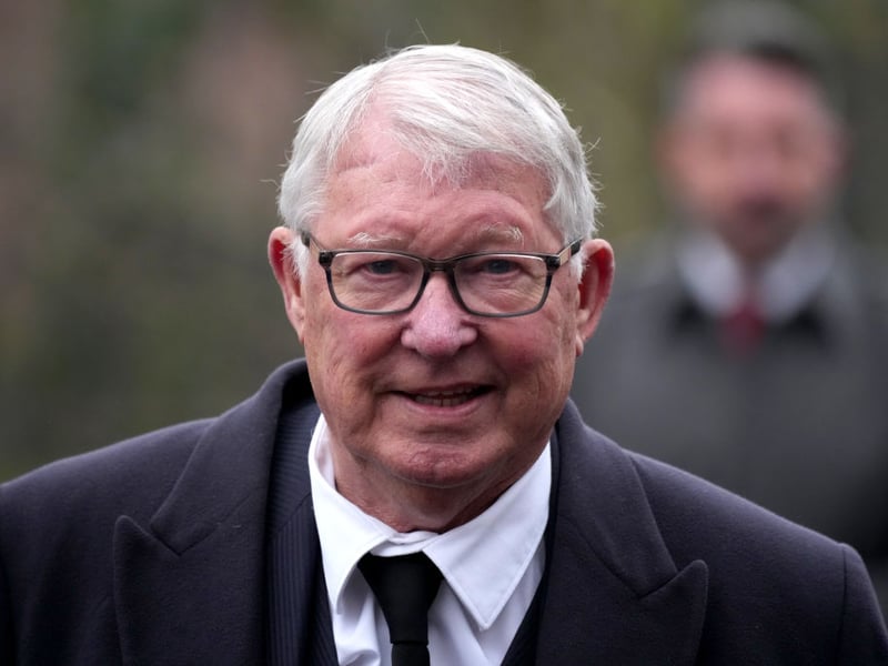 Sir Alex Ferguson arrives to attend the funeral of Denis Law.