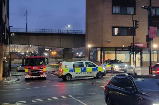 Emergency services at Park Square roundabout this morning. Photo: Alastair Ulke. National World