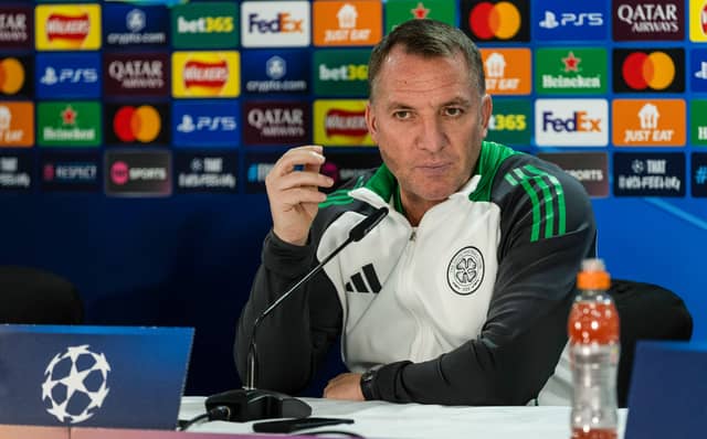 Celtic manager Brendan Rodgers during his pre-match press conference ahead of facing Bayern Munich in the Champions League play-off round first leg. (Photo by Craig Williamson / SNS Group)