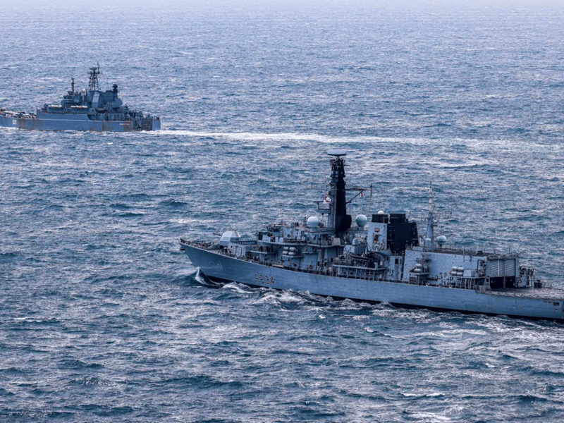 HMS Iron Duke escorting a Russian warship Alexander Otrakovsky through the English Channel.