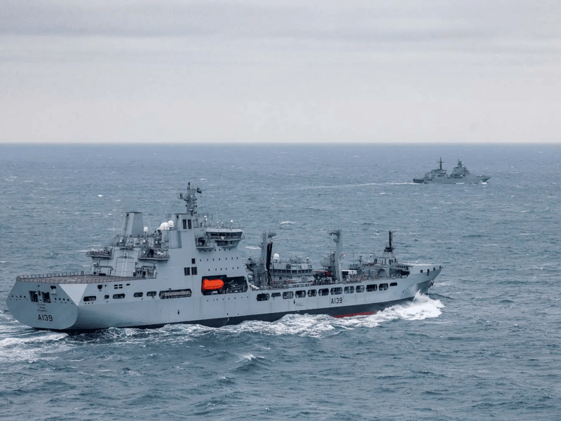 RFA Tideforce escorting Russian warship Ivan Gren.