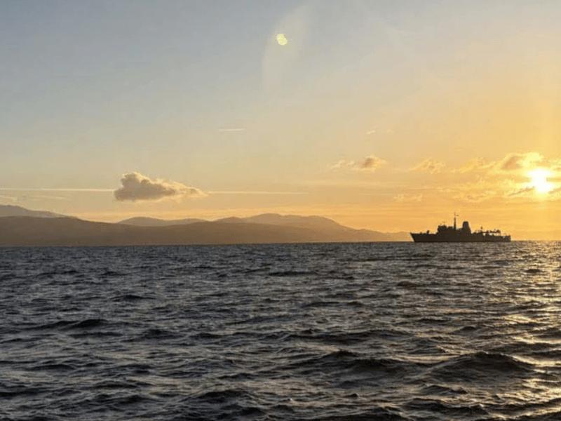 HMS Cattistock at sunrise off Arran, Scotland.