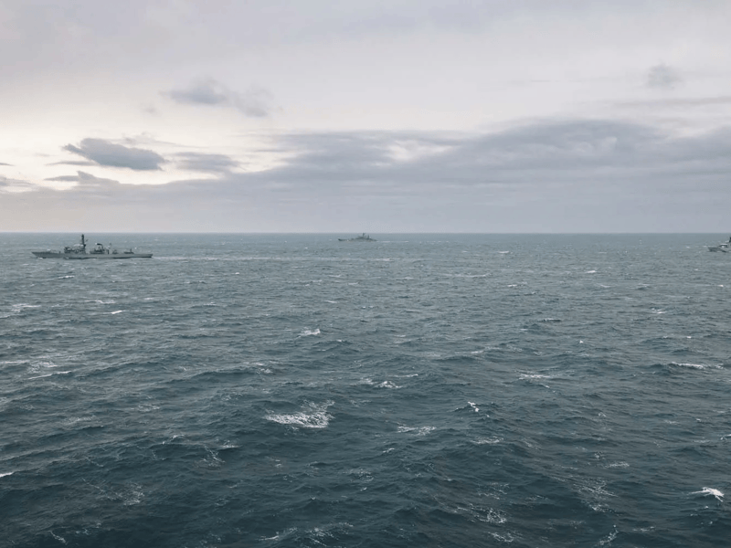 HMS Iron Duke and HMS Tyne escorting a Russian warship Alexander Otrakovsky through the English Channel.