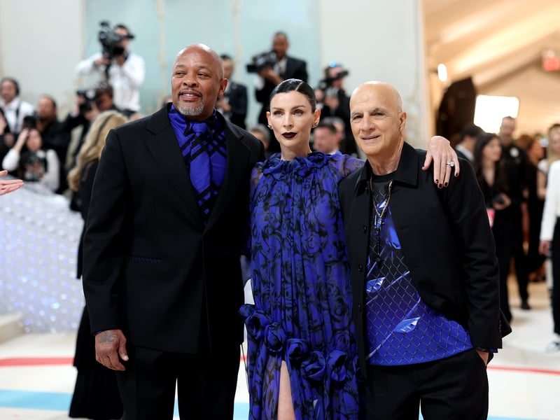 (L-R) Dr. Dre, Liberty Ross, and Jimmy Iovine attend The 2023 Met Gala Celebrating "Karl Lagerfeld: A Line Of Beauty" at The Metropolitan Museum of Art on May 01, 2023 in New York City.